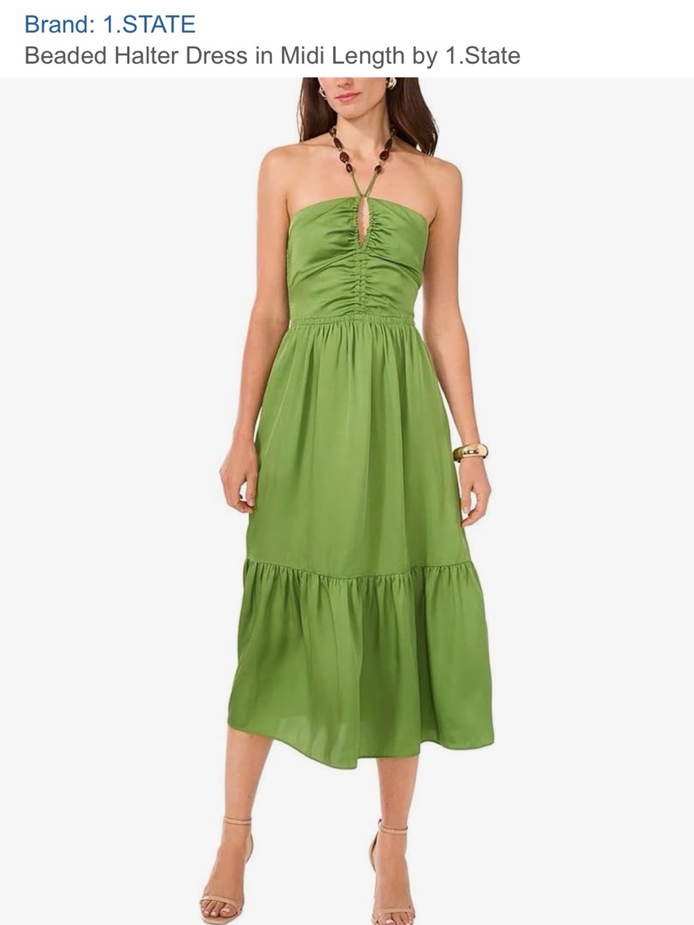 NWT 1.STATE Beaded Halter Midi Dress Salted Lime Green Ruched Smocked Size 12